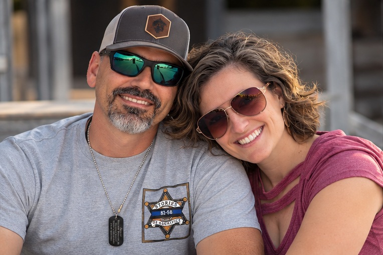 Rico and BriAnn smiling together in sunglasses